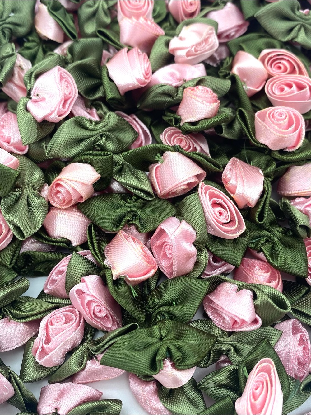 Pink Satin Rose Bud Flower Appliques w/ Green Leaves, Sew-On, Lot of 290